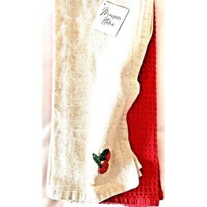 NEW Set 2 Kitchen Towels BEADED CHERRIES & Solid Red MAISON HOME 100% Cotton